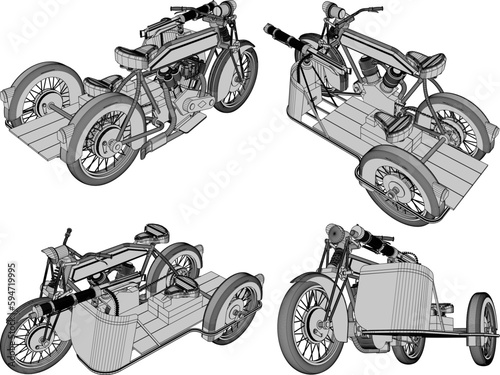 Vector sketch of a three-wheeled war motorbike equipped with guns