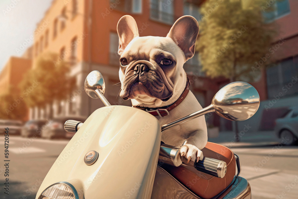 French bulldog breed dog sits behind the wheel of a moped on a city street.  Generative AI Stock Illustration | Adobe Stock