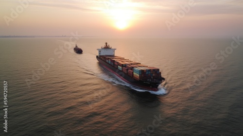 Aerial top view of cargo container business ship, global express in the ocean, logistic freight shipping and transportation, container cargo maritime ship with Generative AI. © TANATPON