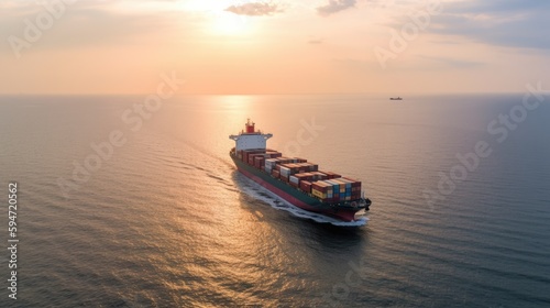 Aerial top view of cargo container business ship, global express in the ocean, logistic freight shipping and transportation, container cargo maritime ship with Generative AI.