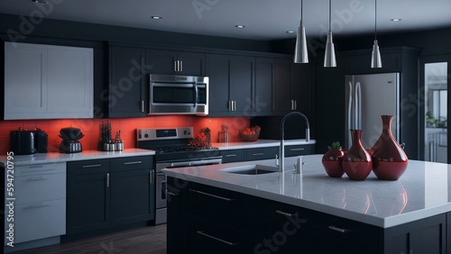 A spacious and well-lit kitchen mockup in contrasting colors