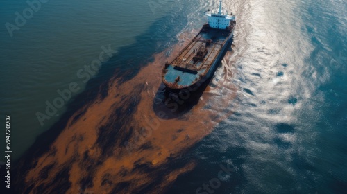 Oil spill or leakage out in the sea from ship, water ocean pollution problems, dangerous case study background, dangerous chemicals from accident, container cargo maritime ship with Generative AI.