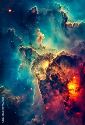 Colorful nebula galaxy, universe, gas and luminous dust clouds. Created with Generative AI technology.