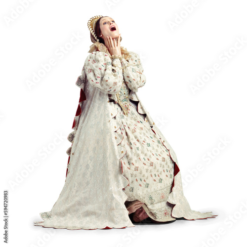 Billede på lærred Queen, royal woman and shock for theatre production, acting and scared by png background