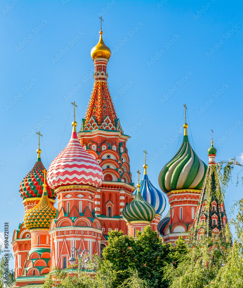 Cathedral of Vasily the Blessed (Saint Basil's Cathedral) domes on Red Square, Moscow, Russia