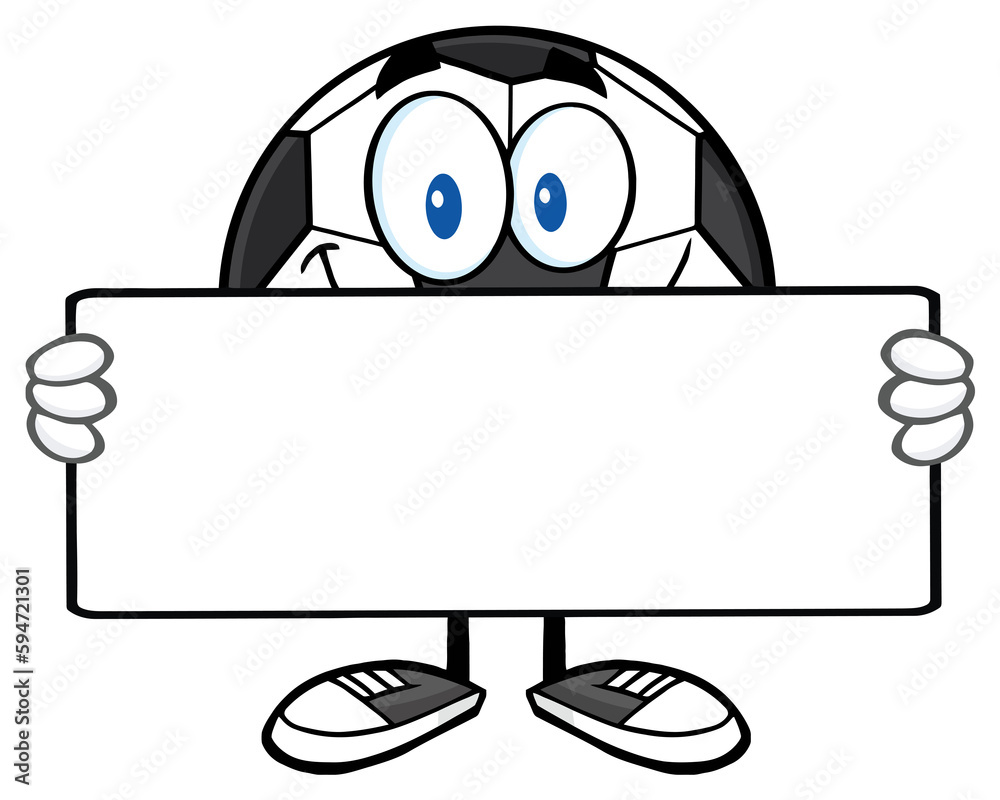 Naklejka premium Soccer Ball Cartoon Mascot Character Holding A Blank Sign. Hand Drawn Illustration Isolated On Transparent Background