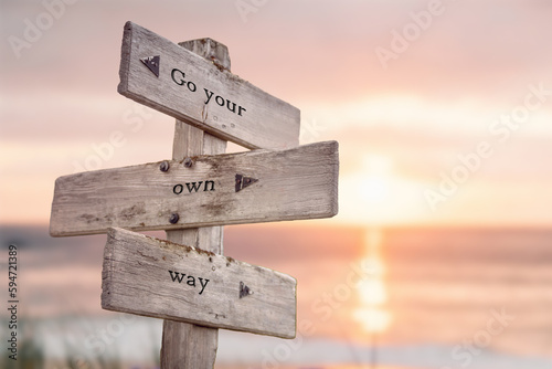 go your own way text quote written on wooden signpost at the beach during sunset.