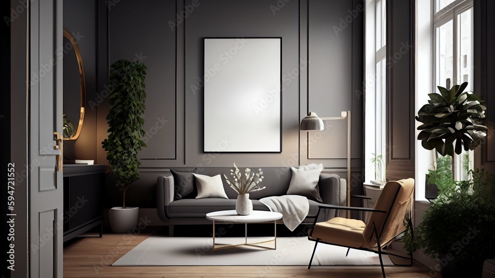 Fototapeta premium Mockup Poster Frame on the Wall Luxurious Living Room on Contemporary Wall 3D Render with Modern Interior Design 3D illustrationa KI-Illustrationen