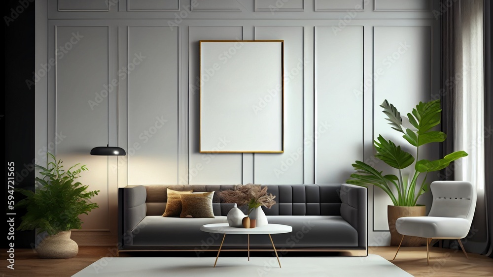 Fototapeta premium Mockup Poster Frame on the Wall Luxurious Living Room on Contemporary Wall 3D Render with Modern Interior Design 3D illustrationa KI-Illustrationen