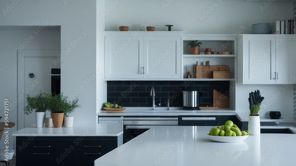 Fototapeta premium A spacious and well-lit kitchen mockup in contrasting colors Model #001