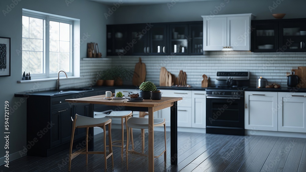 A spacious and well-lit kitchen mockup in contrasting colors Model #001
