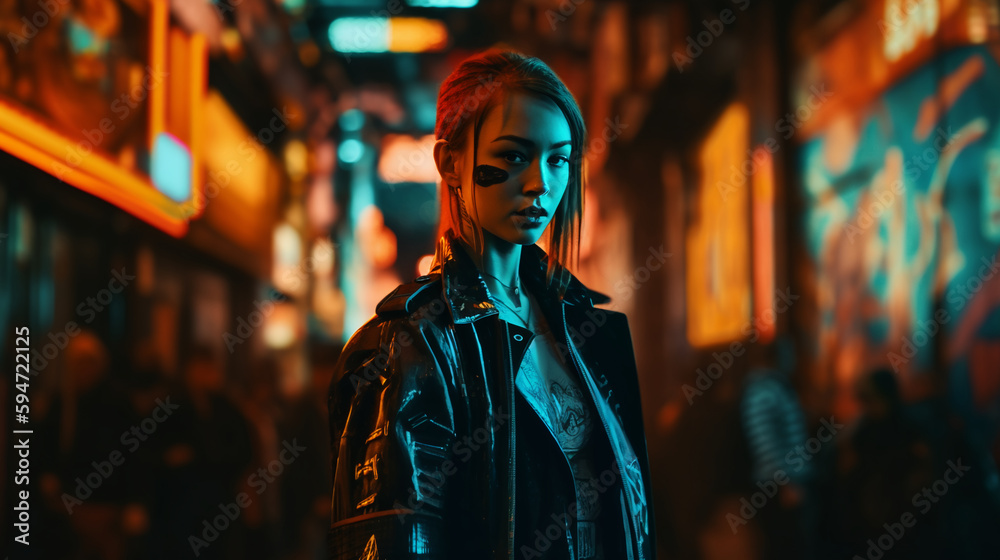 Young woman standing in a cyberpunk street city with neon lights in orange and teal background.   Image Generative AI.