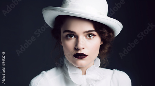 portrait of a young beautiful woman in elegant white suit and hat with flat background. Image Generative AI.