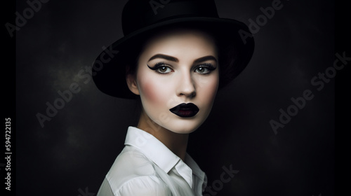 Fashion portrait of a woman in a black hat and white shirt. Image Generative AI.