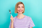Photo portrait of young look interested mockup bob blonde hair girl hold fork want eat yummy meat steak isolated over cyan background