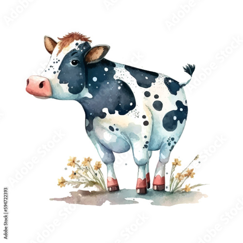 Cow watercolor tender warm colors, appeasement, pasture, white, brown, full height, nature, farm, agriculture, village, farmer, care, milk. Animals concept. Vector illustration.