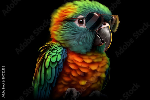 Cool Parrot with Aviator Sunglasses on Black Background Summer Generative AI