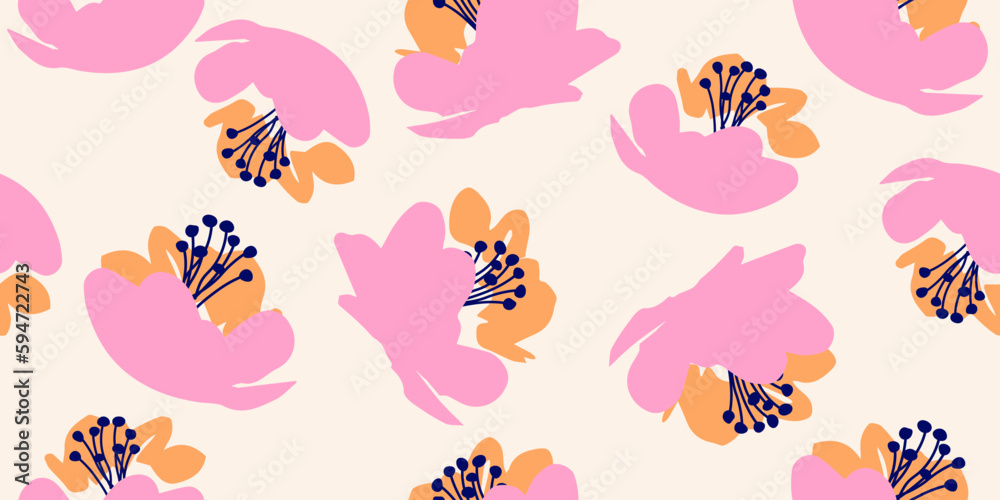 Hand drawn flowers, seamless patterns with floral for fabric, textiles, clothing, wrapping paper, cover, banner, interior decor, abstract backgrounds.