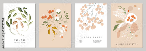 Floral abstract art templates. Decorative flowers, leaves and twigs. For invitation, flyer, poster, wedding and birthday card, banner, brochure, email header, post in social networks, advertising.