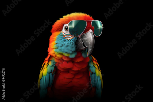 Cool Parrot with Aviator Sunglasses on Black Background Summer Generative AI