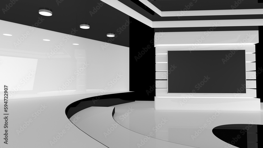 Tv Studio. News studio.3D rendering. Backdrop for any green screen or ...