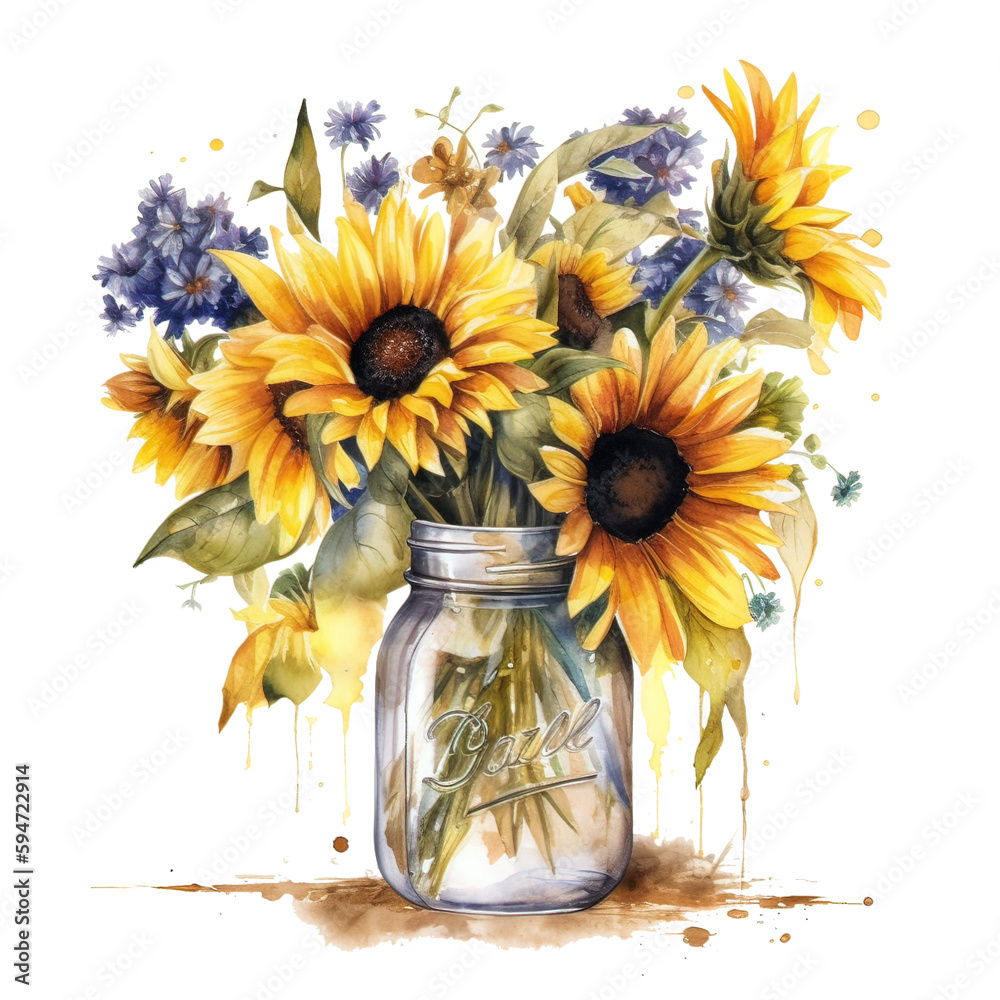 Bouquet of sunflowers in a jar. Watercolor illustration. Stock ...