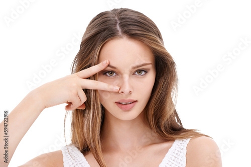 Peace sign, eye and portrait of woman on png for trendy, beauty and promotion. Makeup, cosmetics and self care with female model and hand gesture isolated on transparent background for confidence