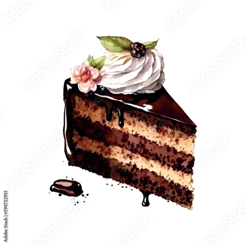 chocolate cake desert watercolor Slice of chocolate cake. Sketch watercolor style. Vector illustration.