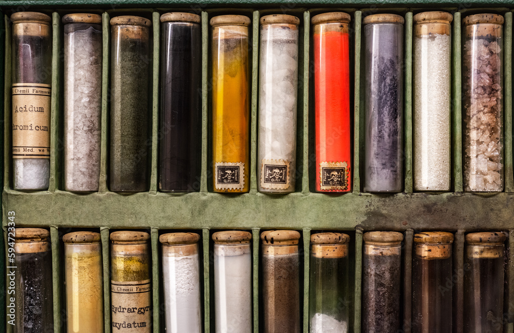 Naklejka premium Set of old chemical, pharmaceutical pharmacy drugs, medicines. Medicine, chemistry, pharmacy, apothecary, alchemy history background. Jars, bottles with medicines, preparations.