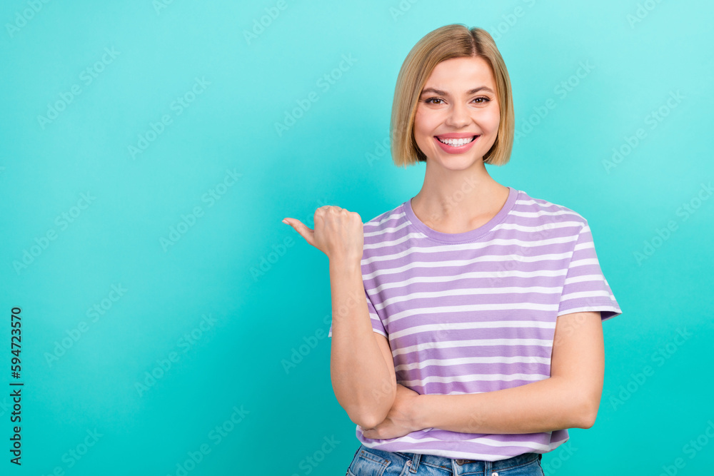 Photo of young girl satisfied her new house rent using website airbnb empty space proposition discount isolated on blue color background Photo of young girl satisfied her new house rent using website airbnb empty space proposition discount isolated on blue color background