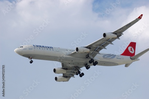 Ho Chi Minh city, Vietnam - September 17 2011: Turkish Airlines airplane landing in Tan Son Nhat airport