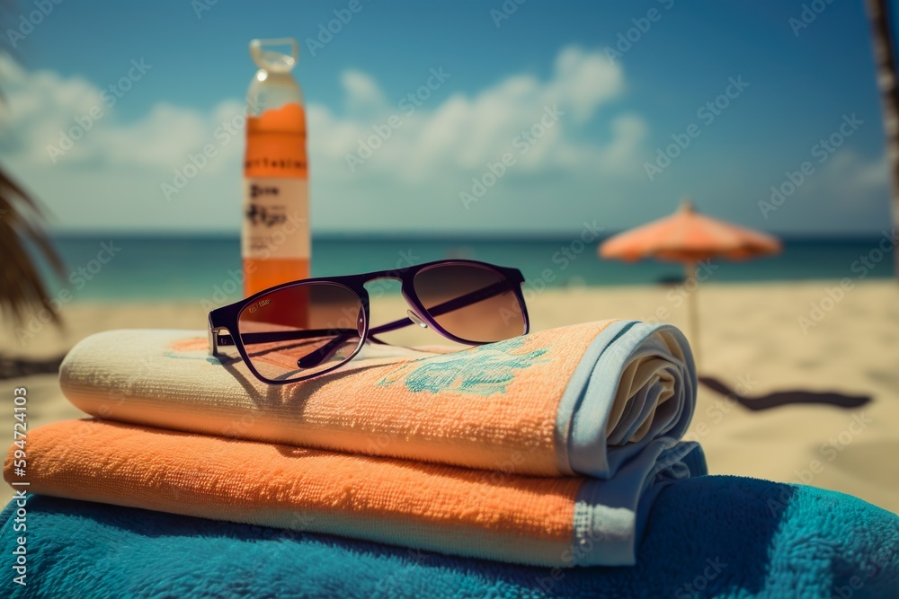 Beach Essentials: Vacation Towel with Sunscreen, Sunglasses, and Noon Sun Weather Beach Essentials: Vacation Towel with Sunscreen, Sunglasses, and Noon Sun Weather