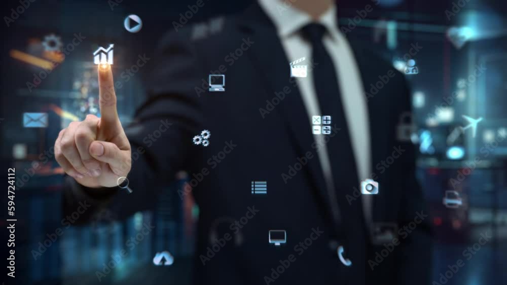 Financial Broker Wearing Suit Working with Virtual or Augmented Reality Glasses. Technology Icons, Charts and Data. Artificial Intelligence. Office at Night.