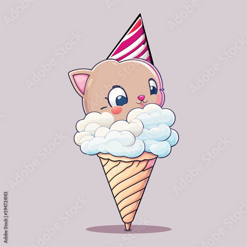 A Cute Cartoon Cat Enjoying Ice Cream Delights in Vector Illustration,Draw vector illustration character collection cute cat in ice cream cones for summer,food dessert bakery product fabulous fashion 