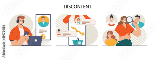 Discontent concept set. Dissatisfaction of product or service, negative