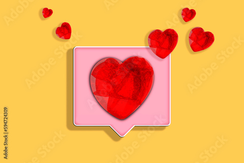 red glossy shiny volume heart, faceted model on yellow background with shadow, banner for design, 3d illustration, concept marriage proposal, Symbol of love, Valentines day, wedding marriage ceremony
