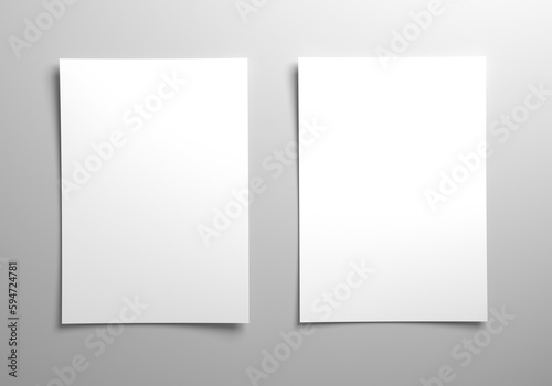 Two blank sheets of paper on white background. Poster or flyer mockup or template for custom design. 3D Illustration