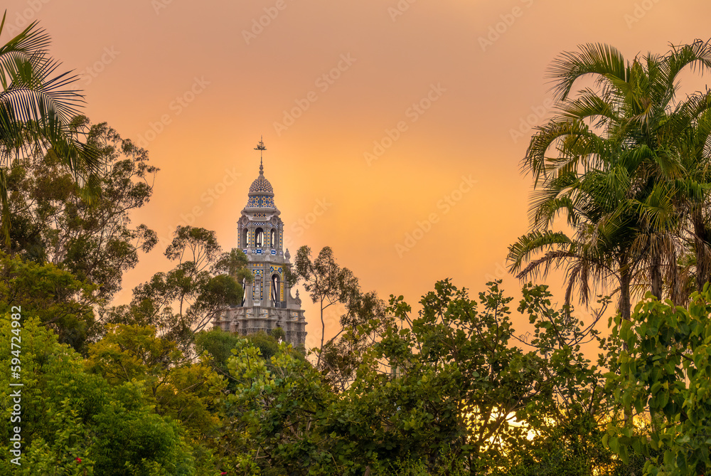 Sunset over Balboa Park is a historic urban cultural park in San Diego, California, USA.