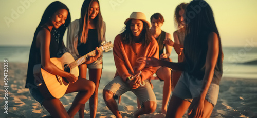 Happy friends partying on the beach. Blurred Happy friends sing and dance on the beach at a beautiful summer sunset. Young people celebrate summer. Summer holidays, lifestyle concept. digital ai