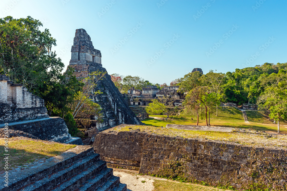 Great Jaguar Mayan Pyramid of Tikal at sunrise, Tikal national park, Guatemala.