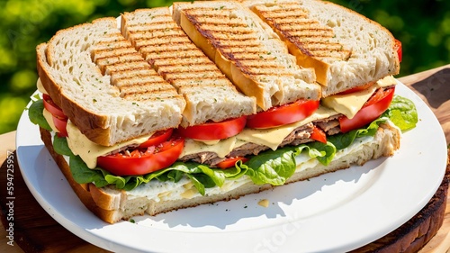 panini with mozzarella, tomato, basil, golden grill marks, sunlit outdoor table, Italian-inspired lunch