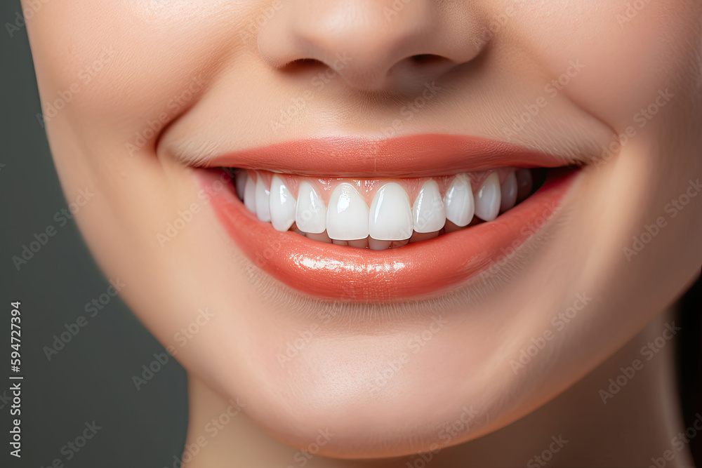Wide smile of the woman with great healthy white teeth. Generative AI Wide smile of the woman with great healthy white teeth. Generative AI