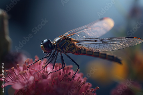 A macro shot of a dragonfly with delicate transparent wings on a flower. Generative AI © barmaleeva