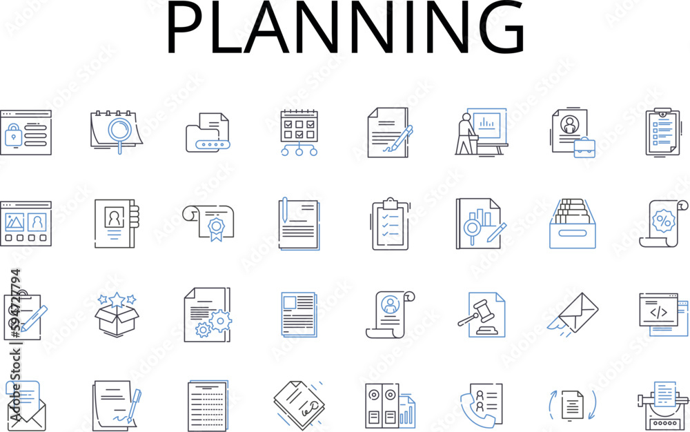 Planning line icons collection. Preparing, Organizing, Scheduling, Strategizing, Mapping out, Creating blueprints, Designing layout vector and linear illustration. Plotting course,Drawing up plans