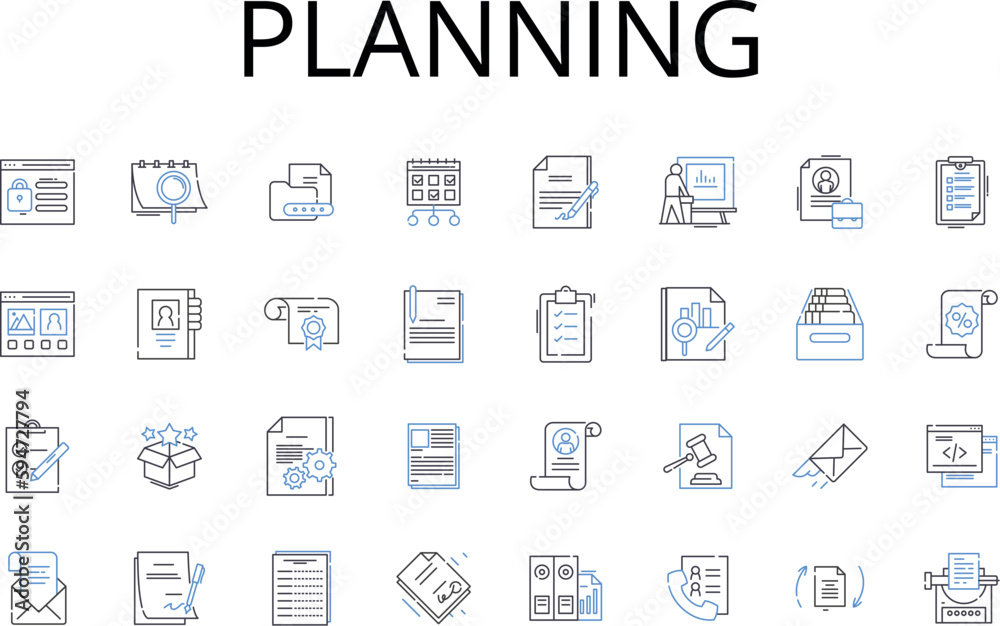 Planning line icons collection. Preparing, Organizing, Scheduling, Strategizing, Mapping out, Creating blueprints, Designing layout vector and linear illustration. Plotting course,Drawing up plans Planning line icons collection. Preparing, Organizing, Scheduling, Strategizing, Mapping out, Creating blueprints, Designing layout vector and linear illustration. Plotting course,Drawing up plans