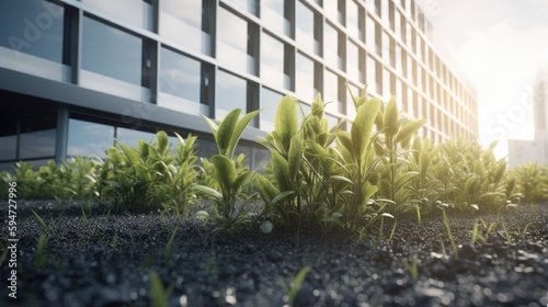 Wallpaper Mural Plant closeup with office building behind. Generative AI Torontodigital.ca