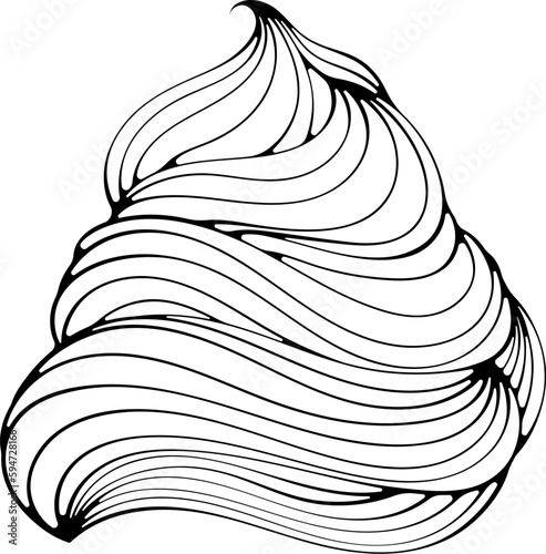 Whipped cream or meringue swirl. Marshmallow or frozen yogurt for dessert, sweet mousse, cupcake, ice cream. Vector illustration in hand drawn cartoon sketch style. Line art isolated on white