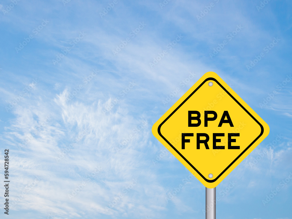 Yellow transportation sign with word BPA (Bisphenol A) free on blue color sky background Yellow transportation sign with word BPA (Bisphenol A) free on blue color sky background