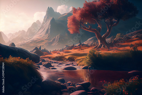 Stunning fantasy landscape. Photorealistic illustration generated by Ai. Generative art