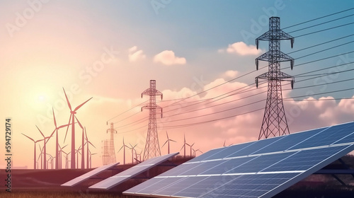 electricity is a natural power. a clean energy idea. wind turbine with a tower-high voltage solar panel
